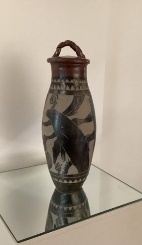 Lidded pot w/ fish 14” x 6” 600 006 bb